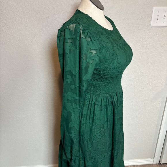 Emerald Green Smocked Bodice Tiered Maxi Dress Long Sleeve Lace Overlay - Picture 3 of 8
